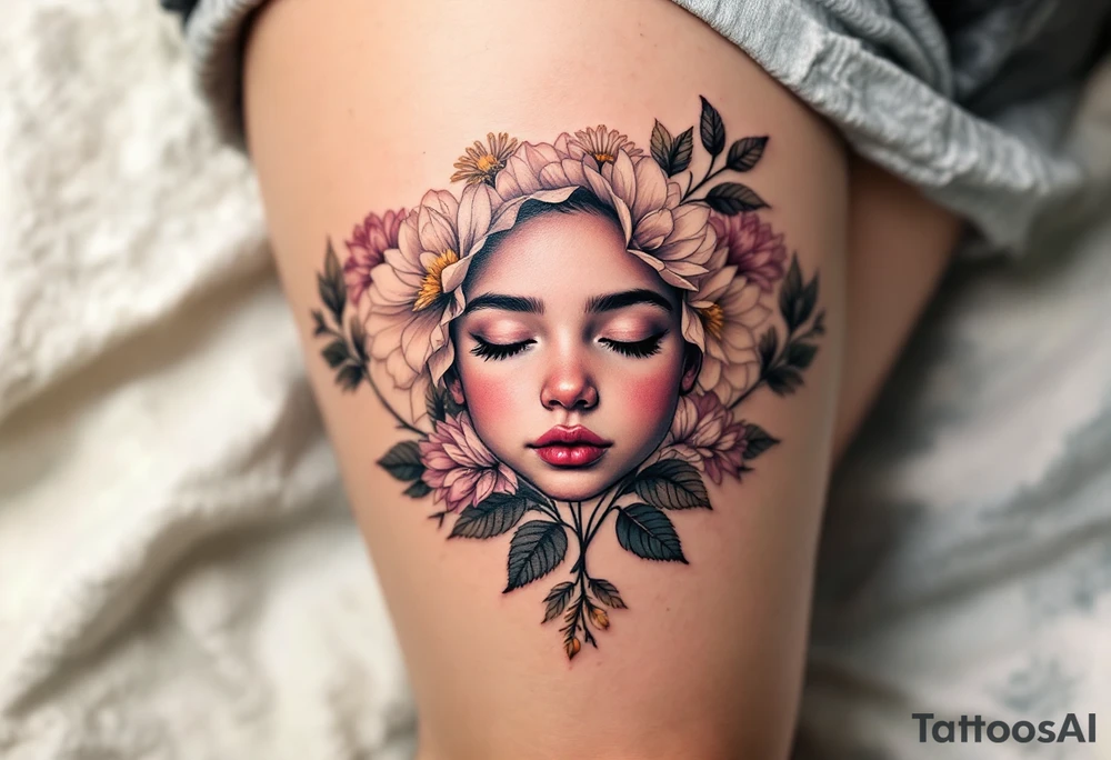 A row of birth flowers with the son’s face in the center, highlighted in full color, while others are shaded in black. tattoo idea