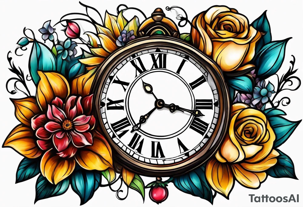 3 clocks and June flowers October flowers and December flowers tattoo idea