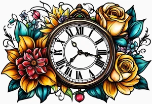 3 clocks and June flowers October flowers and December flowers tattoo idea