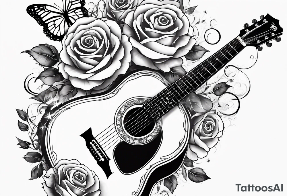 Acoustic guitar with roses and butterflies growing off the side tattoo idea