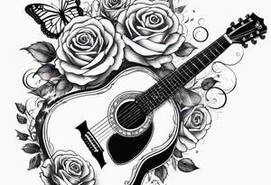 Acoustic guitar with roses and butterflies growing off the side tattoo idea