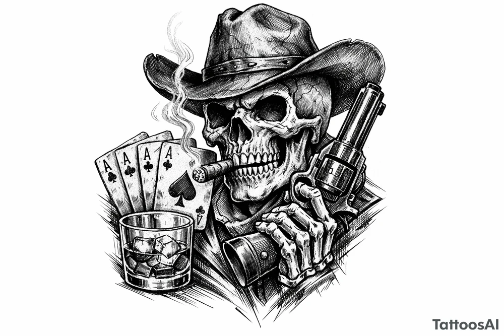 skull with cowboy-hat, cigar in his mouth, a gun in a hand, playing cards, whiskey-glass. tattoo idea
