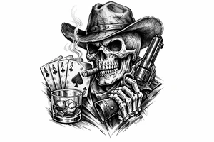 skull with cowboy-hat, cigar in his mouth, a gun in a hand, playing cards, whiskey-glass. tattoo idea