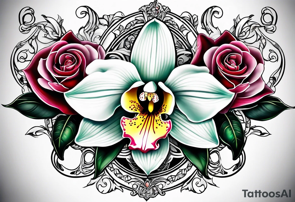 One Cymbidium orchid in the middle with a rose on each side tattoo idea