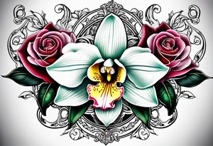 One Cymbidium orchid in the middle with a rose on each side tattoo idea