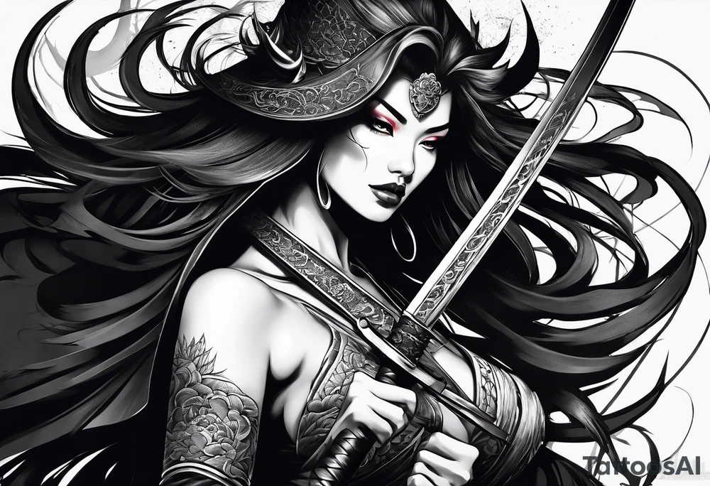 Dark demon woman with katana tattoo idea