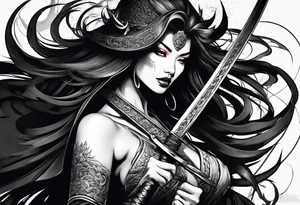 Dark demon woman with katana tattoo idea