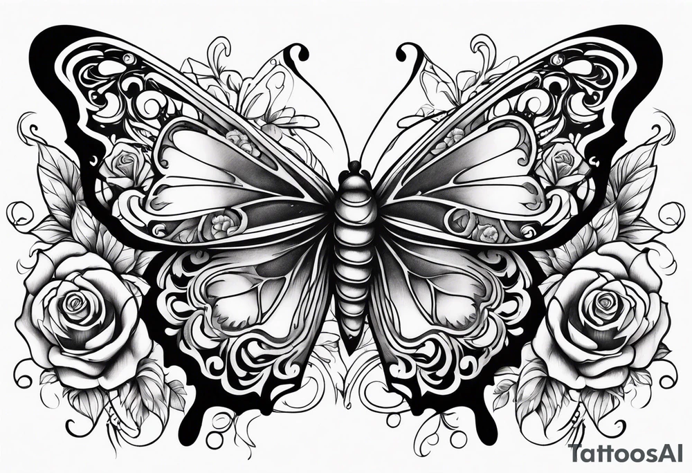 Butterfly flying with roses & filligree tattoo idea