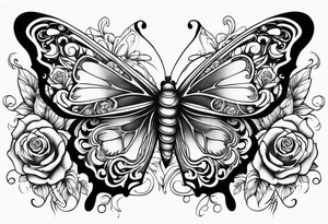 Butterfly flying with roses & filligree tattoo idea