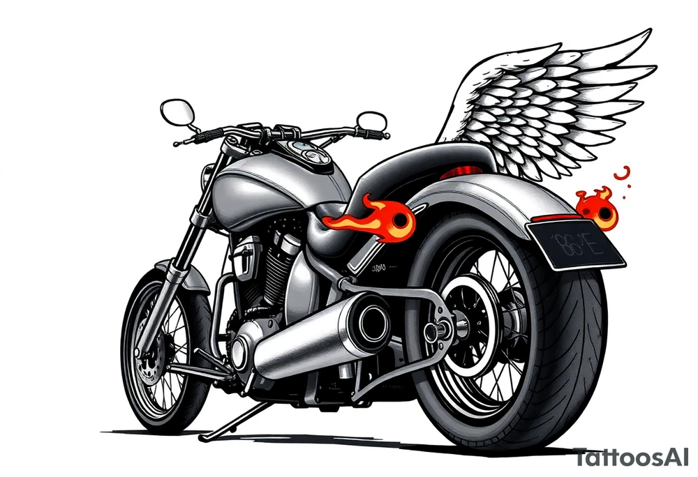 Low rider grey motorcycle, big muffler pipes with flames, angel wings, driving away, no person tattoo idea
