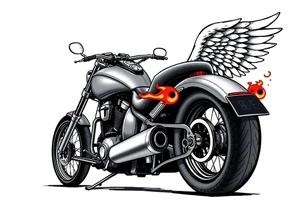 Low rider grey motorcycle, big muffler pipes with flames, angel wings, driving away, no person tattoo idea