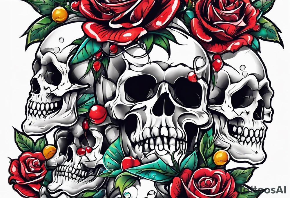 neck tattoo stencil about pain and struggle in new school or polka trash style with funny happy skulls tattoo idea