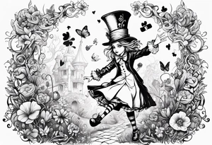 alice in wonderland with mad hatter dancing among magical flowers tim burton style tattoo idea