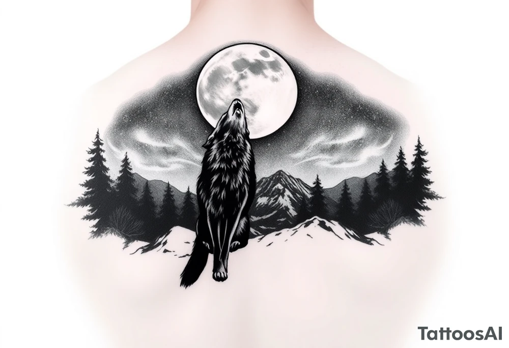 lone wolf howling at full moon with northern lights backdrop tattoo idea