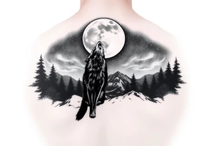 lone wolf howling at full moon with northern lights backdrop tattoo idea