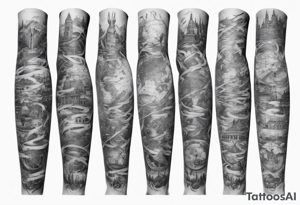 full arm tattoo for man with images of maps and travel and dna strands and music tattoo idea