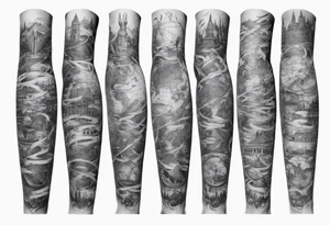 full arm tattoo for man with images of maps and travel and dna strands and music tattoo idea