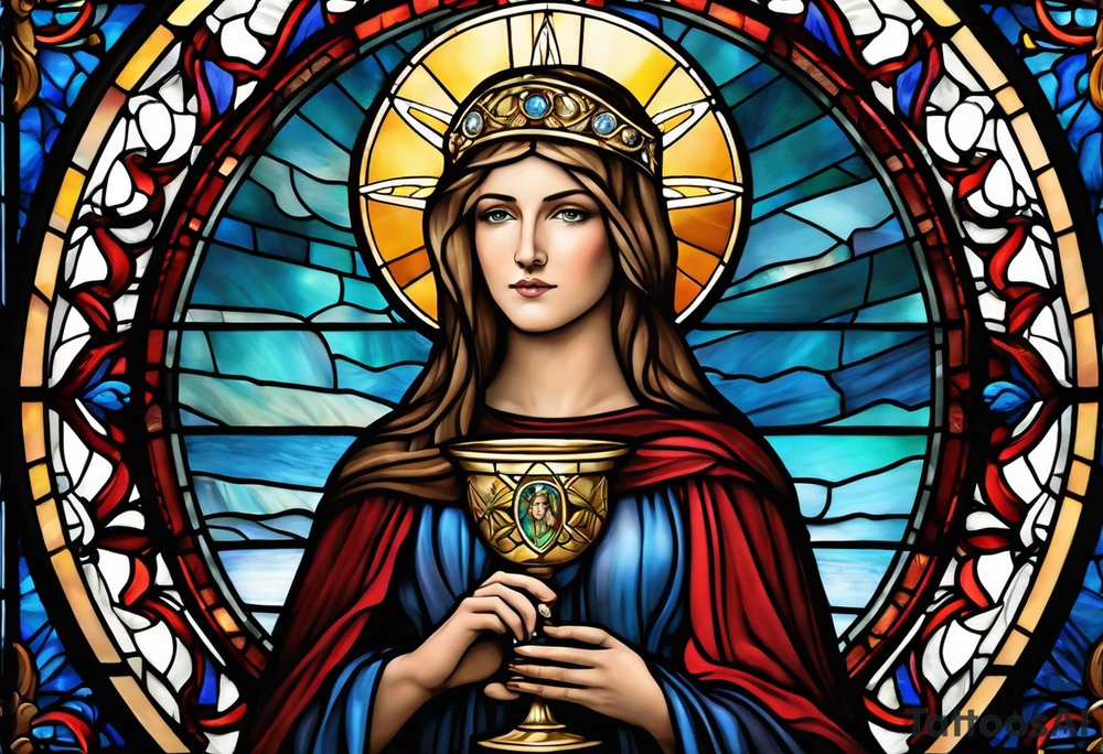 holy saint woman with halo stained glass holding a chalice with artillery tattoo idea