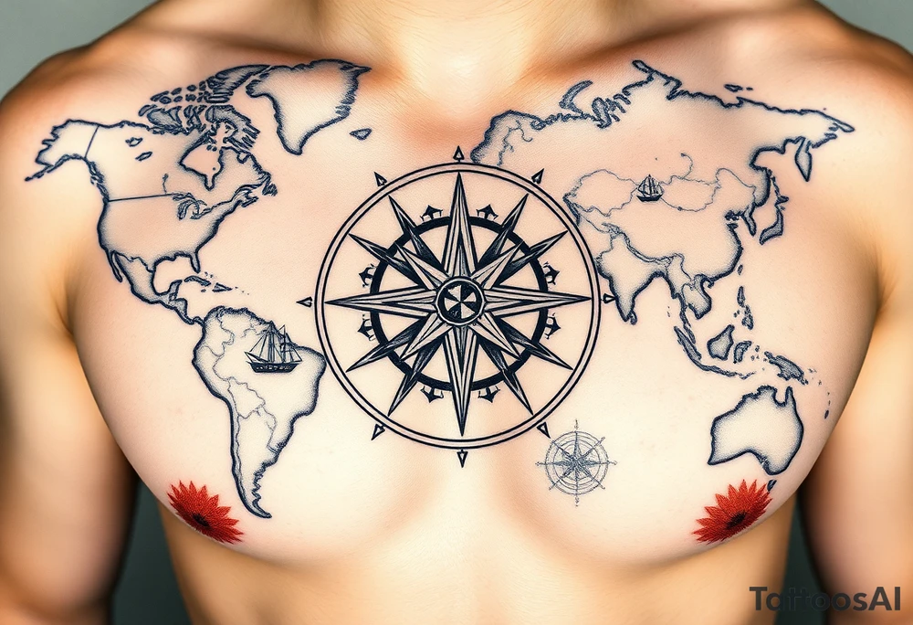 antique compass rose overlaid on weathered world map with sailing ships tattoo idea