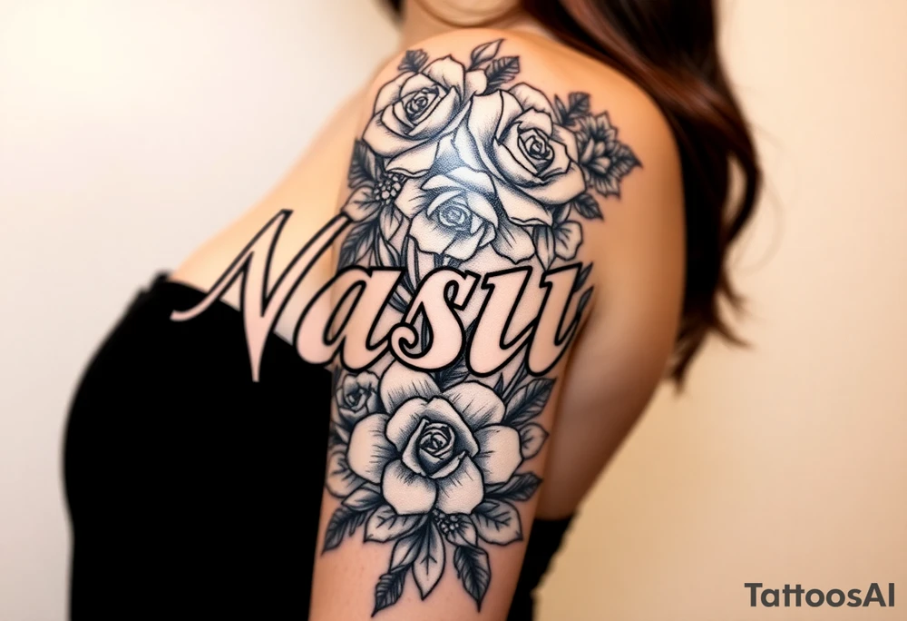 the word Nashika with roses tattoo idea
