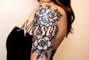 the word Nashika with roses tattoo idea