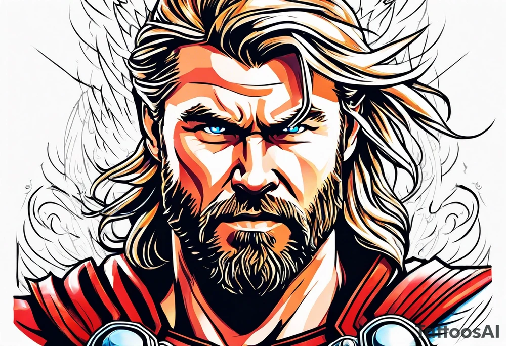 The Mighty Thor that looks like the Chris Hemsworth version with lightning in the background tattoo idea