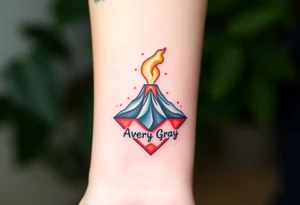 Female Geometric Volcano tattoo erupting in a heart with text Avery Gray tattoo idea