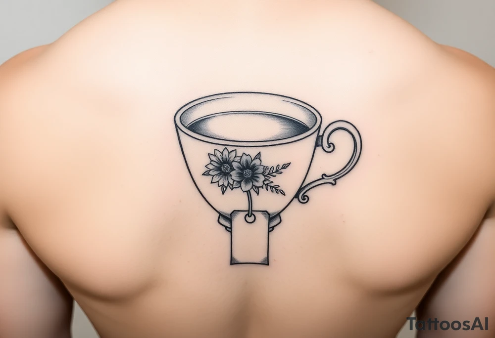 Dainty cup of tea with one handle small floral arrangement and a tea bag tag hanging over the edge of the cup tattoo idea