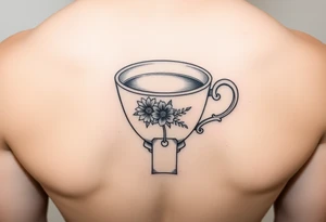 Dainty cup of tea with one handle small floral arrangement and a tea bag tag hanging over the edge of the cup tattoo idea