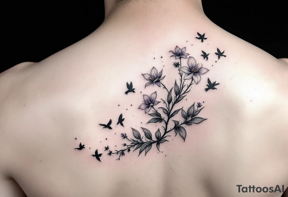 A wood violet blowing in the wind with pedals floating away turning into birds tattoo idea