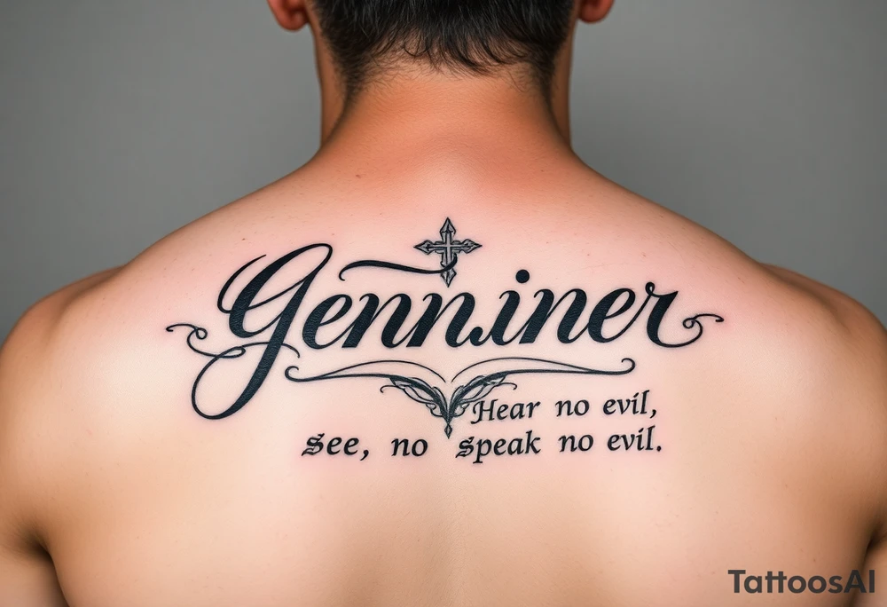 do a username god one with my grandma name Jennifer in cursive with a hear no evil see no speak no evil tattoo idea