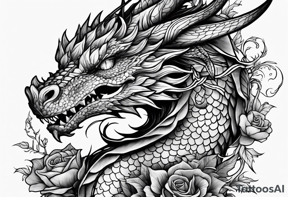 Fantasy dragon on forearm with vines and flowers tattoo idea