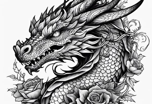 Fantasy dragon on forearm with vines and flowers tattoo idea