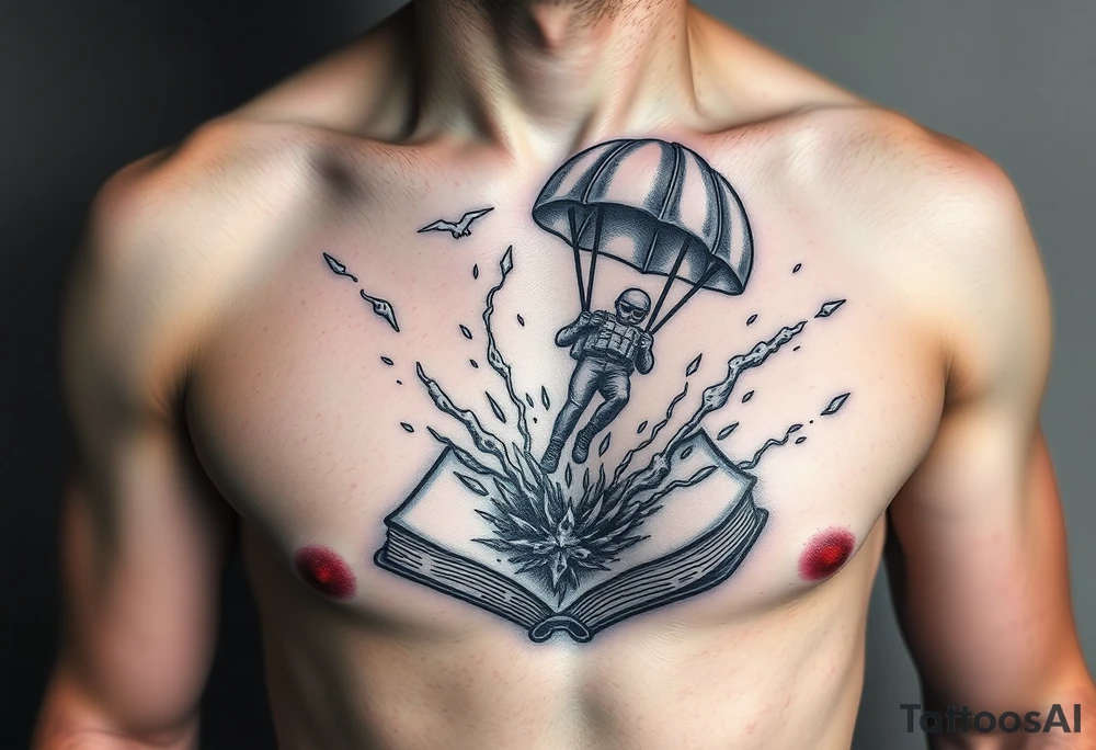 A parachuting soldier landing into an open book. Chaos surrounding, but the book is protecting the soldier from it. On the chest. Make it smaller. Thought provoking tattoo idea