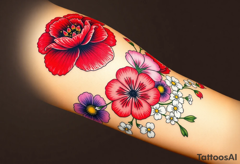Upper left arm, wrapping slightly from the shoulder to the mid-upper arm, ending at the natural mid-arm curve.

Top center: Large red carnation
Left side: Purple pansy above a blue cosmos flower
Right side: Pink cosmos above a red cosmos
White flowers:
3 between the purple and blue flowers
2 below the pink/red flowers
3 on the branch extending from the right side of the carnation
2 on a branch connecting from the right side of the carnation to the top of the purple pansy
(bouquet)
Neo-Traditional with Realism influence
Bold, clean black outlines
Flat, rich color gradients
Realistic flower detailing: natural petal texture, realistic shading, and depth
Flowing, realistic green branches and leaves
Fine black dots and small line accents
Small gold star next to the top red carnation

Warm brown skin tone tattoo idea