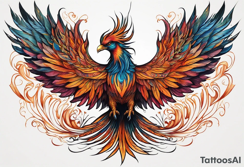 Surreal Tattoo: A powerful, majestic phoenix, depicted mid-flight or rising, with wings extended and feathers flowing. Deep shading and intricate details to bring out the texture and motion of the feathers. Style: Surrealism. tattoo idea
