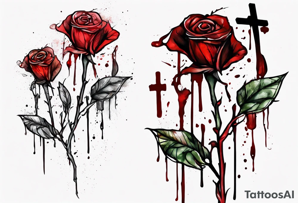 rose flower, one line, red blood dripping from the flower, tall, watercolor, with a Christian cross wrapped up by the stem tattoo idea