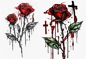 rose flower, one line, red blood dripping from the flower, tall, watercolor, with a Christian cross wrapped up by the stem tattoo idea
