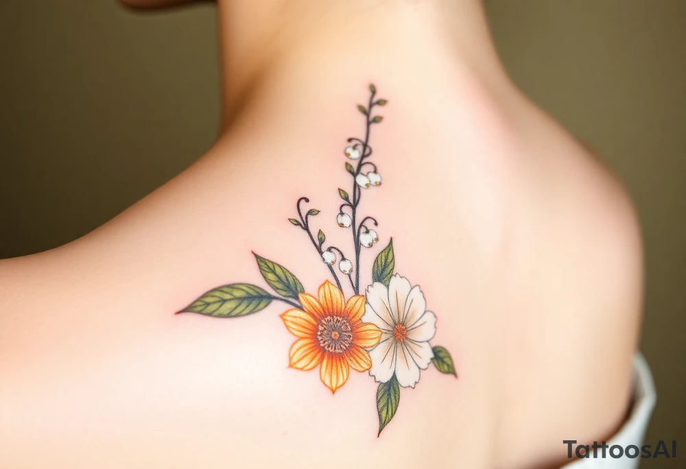marigold, lily of the valley, and chrysanthemum tattoo idea