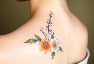 marigold, lily of the valley, and chrysanthemum tattoo idea