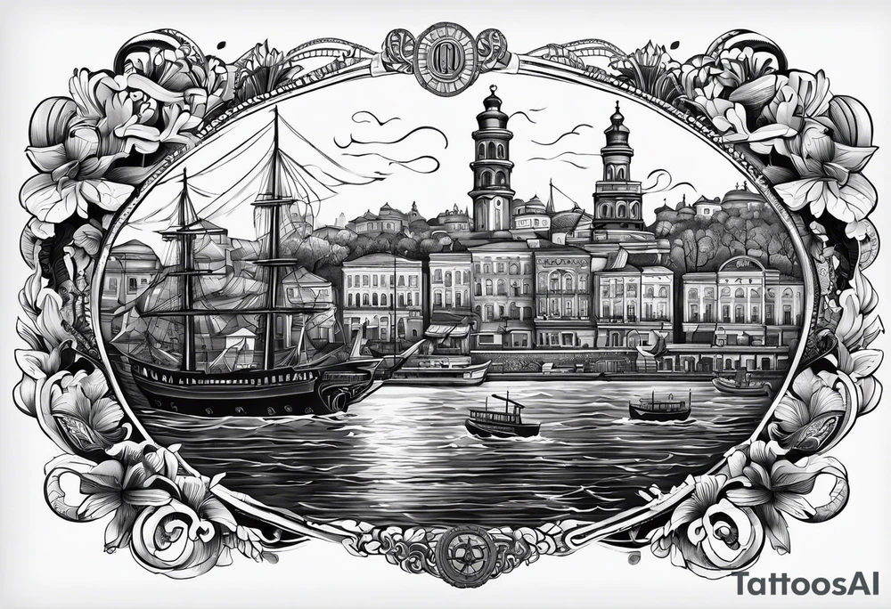 This tattoo depicts the city of Odesa. The main symbols of this city are a ship's wheel, a lighthouse, the Potemkin Stairs, the sea, the Opera House, and the cozy small streets. tattoo idea