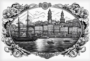 This tattoo depicts the city of Odesa. The main symbols of this city are a ship's wheel, a lighthouse, the Potemkin Stairs, the sea, the Opera House, and the cozy small streets. tattoo idea