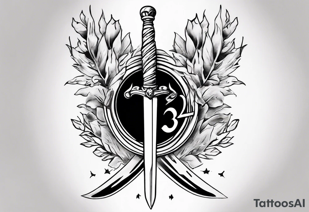 memorial tattoo using the number 13, a sword, a laurel leaf wreath, and amor fati tattoo idea