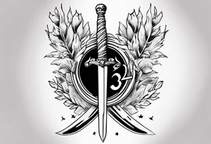 memorial tattoo using the number 13, a sword, a laurel leaf wreath, and amor fati tattoo idea
