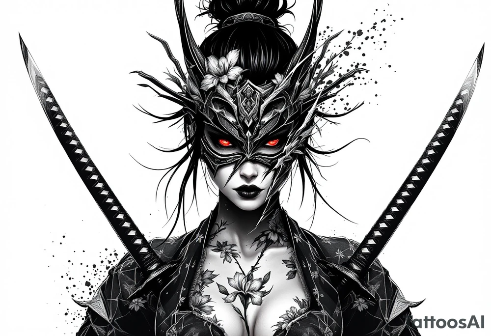 Woman samurai with red eyes wearing an half and broken kitsune mask, holding katanas and Iris flowers ornement tattoo idea
