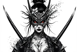 Woman samurai with red eyes wearing an half and broken kitsune mask, holding katanas and Iris flowers ornement tattoo idea