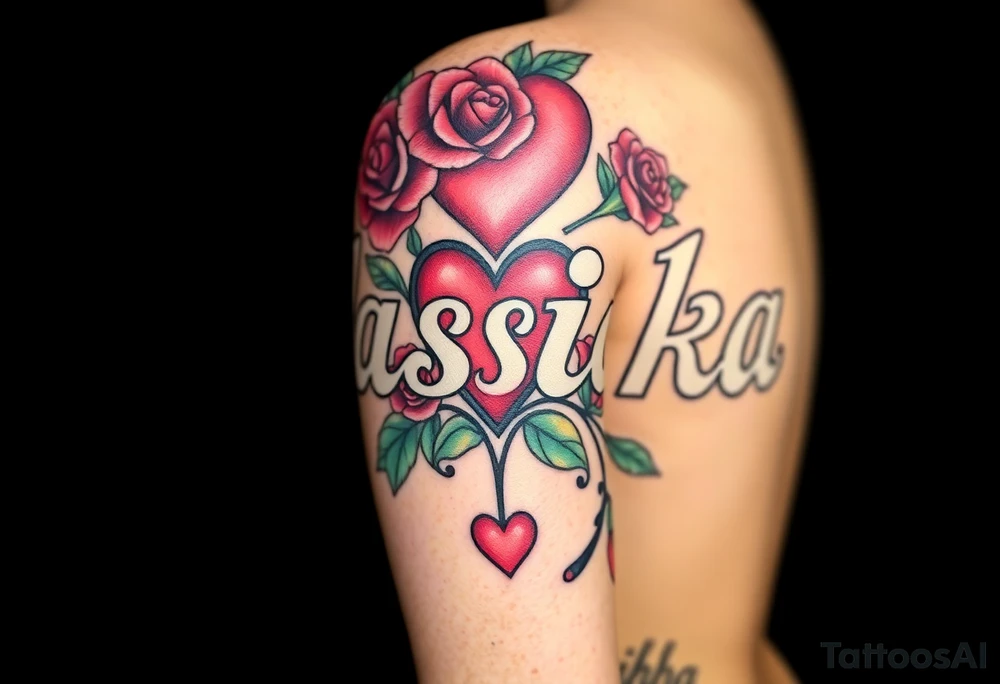 the word Nashika with roses and heart tattoo idea
