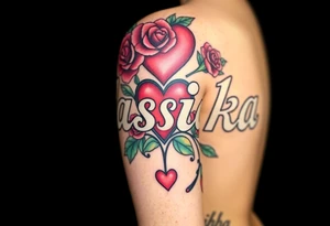 the word Nashika with roses and heart tattoo idea