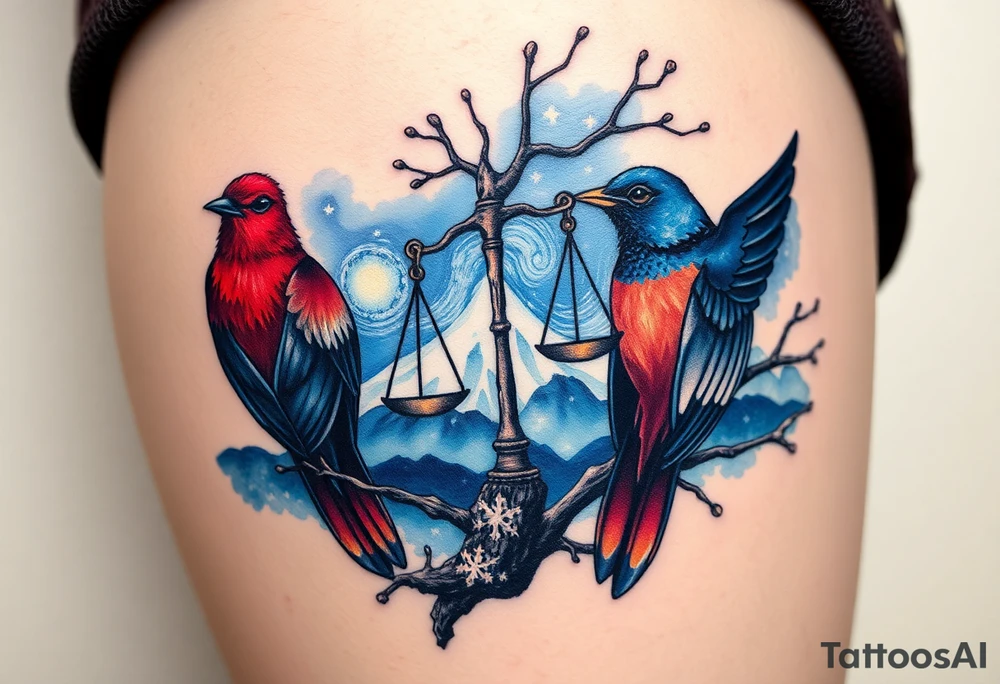 2 birds as the focus, one of the birds red wearing a suit, other bird navy blue with glasses or holding a book, scales of justice built into a tree, starry night painting and mountain background tattoo idea