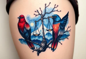 2 birds as the focus, one of the birds red wearing a suit, other bird navy blue with glasses or holding a book, scales of justice built into a tree, starry night painting and mountain background tattoo idea